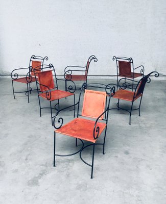 Wrought Iron and Leather Swirl Dining Chairs, Spain, 1960s, Set of 6-RQV-1348283