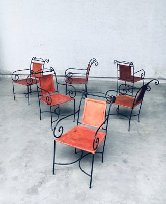 Wrought Iron and Leather Swirl Dining Chairs, Spain, 1960s, Set of 6-RQV-1348283