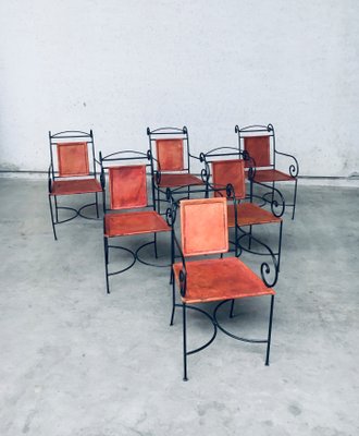 Wrought Iron and Leather Swirl Dining Chairs, Spain, 1960s, Set of 6-RQV-1348283