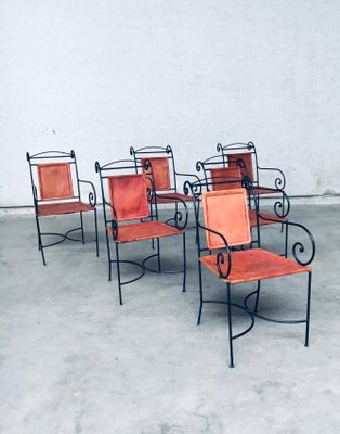 Wrought Iron and Leather Swirl Dining Chairs, Spain, 1960s, Set of 6-RQV-1348283