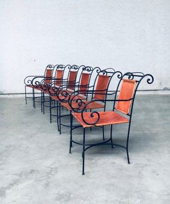 Wrought Iron and Leather Swirl Dining Chairs, Spain, 1960s, Set of 6-RQV-1348283