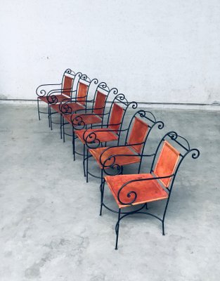 Wrought Iron and Leather Swirl Dining Chairs, Spain, 1960s, Set of 6-RQV-1348283