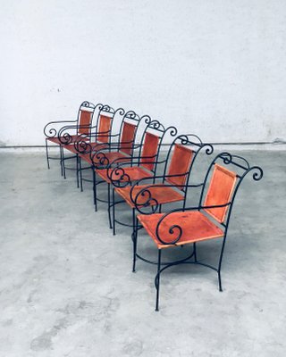 Wrought Iron and Leather Swirl Dining Chairs, Spain, 1960s, Set of 6-RQV-1348283