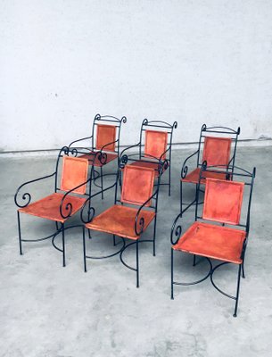 Wrought Iron and Leather Swirl Dining Chairs, Spain, 1960s, Set of 6-RQV-1348283