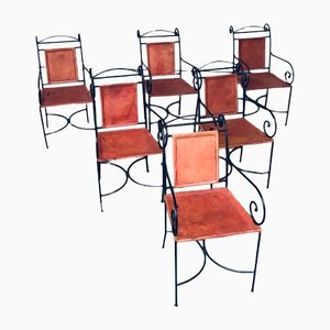 Wrought Iron and Leather Swirl Dining Chairs, Spain, 1960s, Set of 6-RQV-1348283