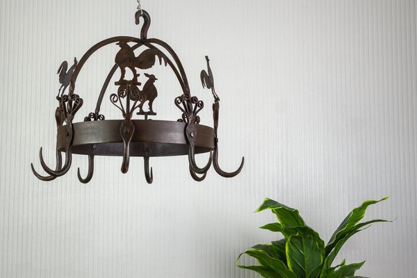 Wrought Iron and Metal Rooster Hanging Pot Rack-KEG-1086386