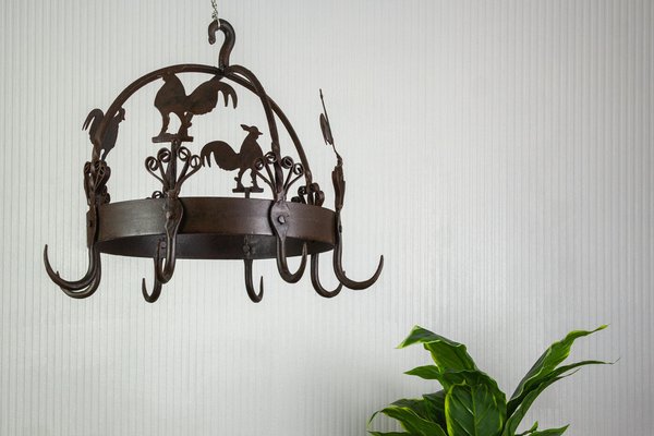 Wrought Iron and Metal Rooster Hanging Pot Rack-KEG-1086386