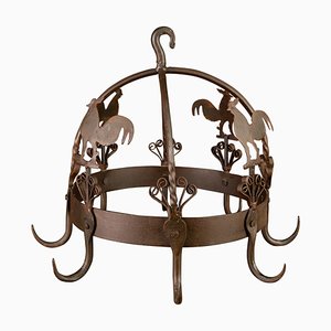 Wrought Iron and Metal Rooster Hanging Pot Rack-KEG-1086386