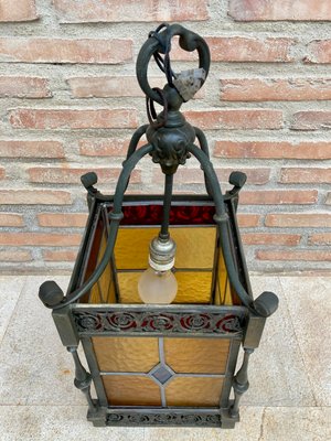 Wrought Iron and Stained Glass Ceiling Lantern Lamp , 1950s-NOU-848231