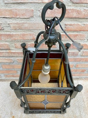 Wrought Iron and Stained Glass Ceiling Lantern Lamp , 1950s-NOU-848231