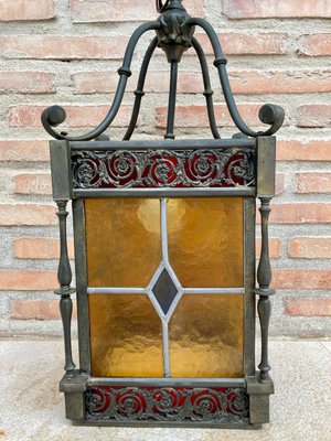 Wrought Iron and Stained Glass Ceiling Lantern Lamp , 1950s-NOU-848231