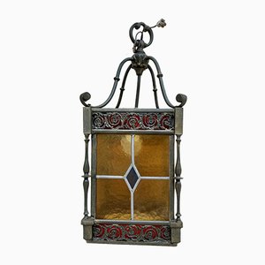 Wrought Iron and Stained Glass Ceiling Lantern Lamp , 1950s-NOU-848231