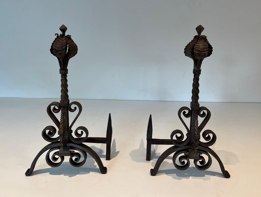 Wrought Iron Andirons, 1890s, Set of 2-BA-1769316