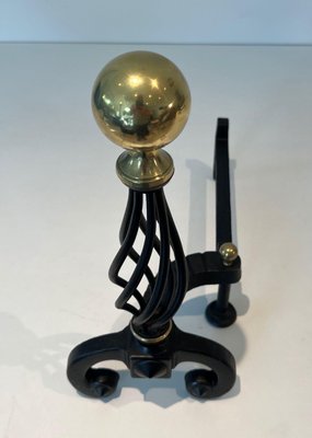 Wrought Iron & Brass Andirons, 1970s, Set of 2-BA-1784731