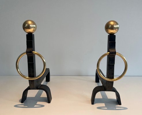 Wrought Iron & Brass Andirons in the style of Jacques Adnet, 1970s, Set of 2-BA-1784730