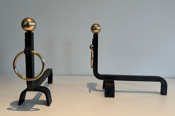 Wrought Iron & Brass Andirons in the style of Jacques Adnet, 1970s, Set of 2-BA-1784730