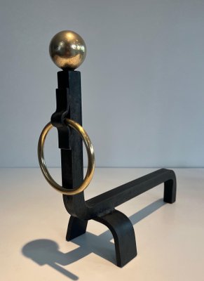 Wrought Iron & Brass Andirons in the style of Jacques Adnet, 1970s, Set of 2-BA-1784730