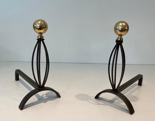 Wrought Iron & Brass Chenets, 1970s, Set of 2-BA-1776479