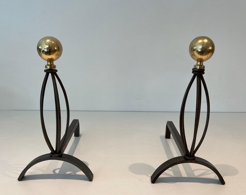 Wrought Iron & Brass Chenets, 1970s, Set of 2-BA-1776479