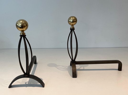 Wrought Iron & Brass Chenets, 1970s, Set of 2-BA-1776479