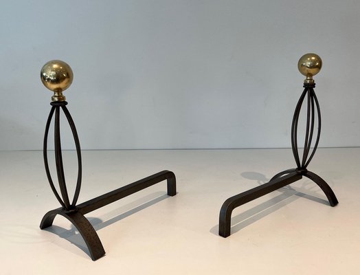 Wrought Iron & Brass Chenets, 1970s, Set of 2-BA-1776479