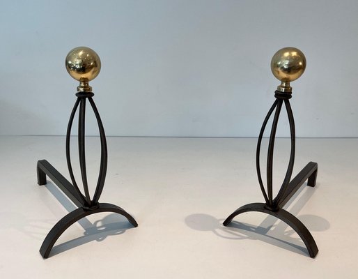 Wrought Iron & Brass Chenets, 1970s, Set of 2-BA-1776479