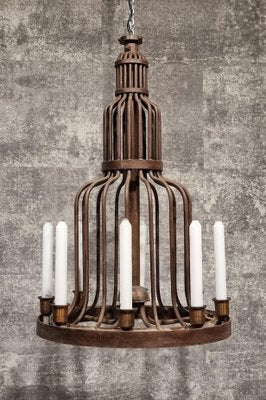 Wrought Iron Cage Chandelier, 1940s-NQV-1223657