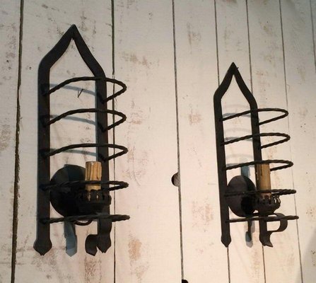 Wrought Iron Cage Wall Lights, 1950s, Set of 2-BA-1365640