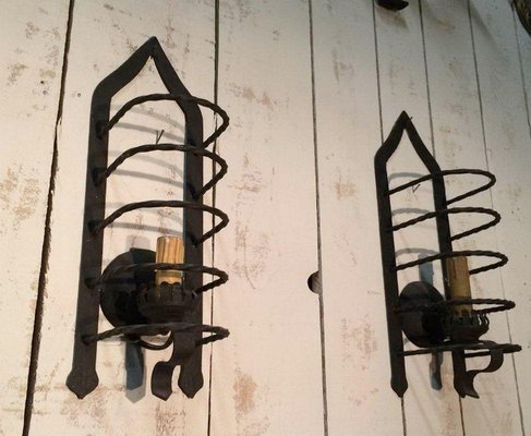 Wrought Iron Cage Wall Lights, 1950s, Set of 2-BA-1365640