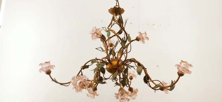 Wrought Iron Chandelier with Vitri in Pink Murano-QLH-1315029