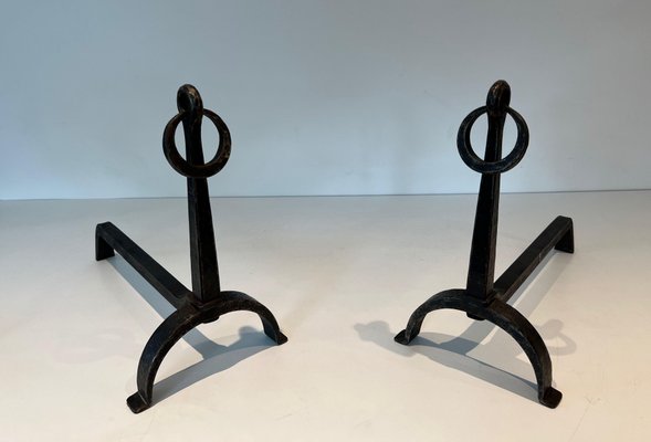 Wrought Iron Chenets in the style of Jacques Adnet, 1950s, Set of 2-BA-1786672