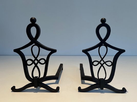 Wrought Iron Chenets in the style of Raymond Subes, 1940s, Set of 2-BA-1481506