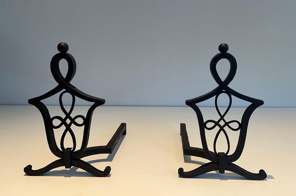 Wrought Iron Chenets in the style of Raymond Subes, 1940s, Set of 2-BA-1481506