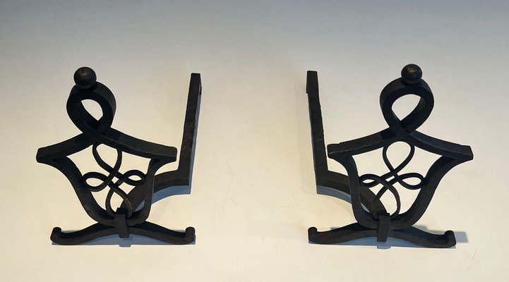 Wrought Iron Chenets in the style of Raymond Subes, 1940s, Set of 2-BA-1481506