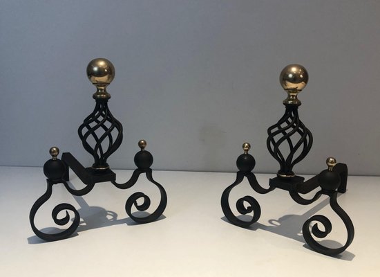 Wrought Iron Chenets Surmounted by a Brass Ball, 1970s, Set of 2-BA-1787100