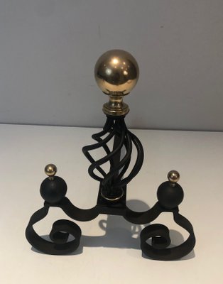 Wrought Iron Chenets Surmounted by a Brass Ball, 1970s, Set of 2-BA-1787100