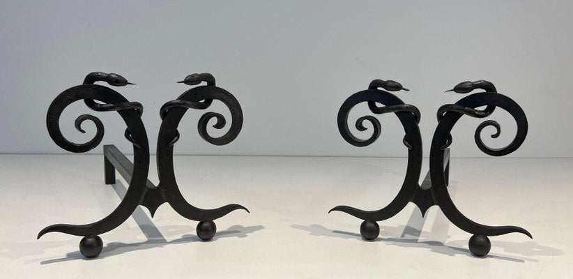 Wrought Iron Chenets with Snakes in the style of Edgar Brandt, 1950s, Set of 2-BA-1787271