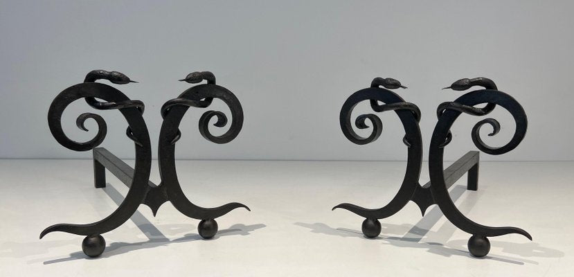 Wrought Iron Chenets with Snakes in the style of Edgar Brandt, 1950s, Set of 2-BA-1787271