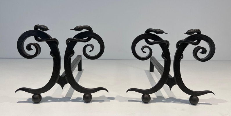 Wrought Iron Chenets with Snakes in the style of Edgar Brandt, 1950s, Set of 2-BA-1787271