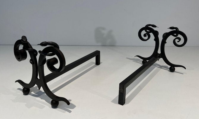 Wrought Iron Chenets with Snakes in the style of Edgar Brandt, 1950s, Set of 2-BA-1787271