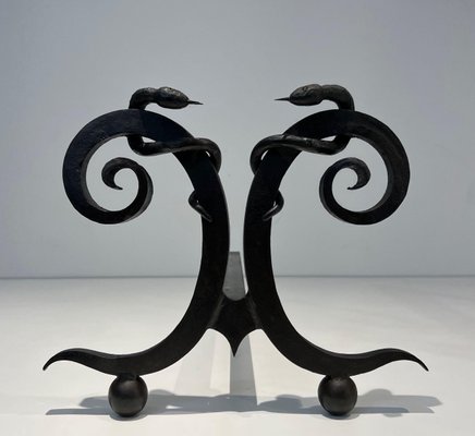 Wrought Iron Chenets with Snakes in the style of Edgar Brandt, 1950s, Set of 2-BA-1787271