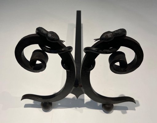 Wrought Iron Chenets with Snakes in the style of Edgar Brandt, 1950s, Set of 2-BA-1787271