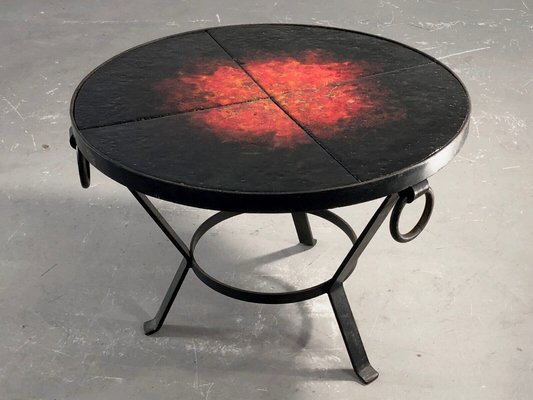 Wrought Iron Coffee Table in Lava Stone in the style of Jean and Robert Cloutier, France, 1950s-NLF-1719352