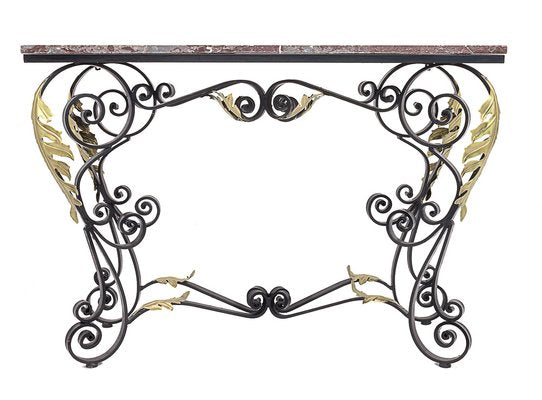 Wrought Iron Console with Golden Acantho Leaves, 1950s-JCN-1702259