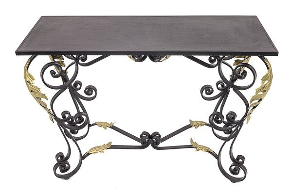 Wrought Iron Console with Golden Acantho Leaves, 1950s-JCN-1702259