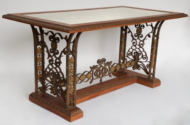 Wrought Iron & Mahogany Console Table, 1950s-CEJ-488328