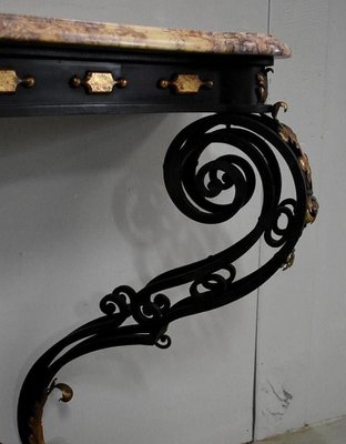 Wrought Iron & Marble Console Table, 1940s-RVK-886188