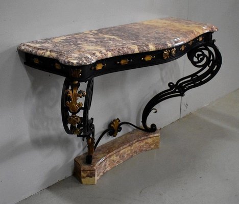 Wrought Iron & Marble Console Table, 1940s-RVK-886188