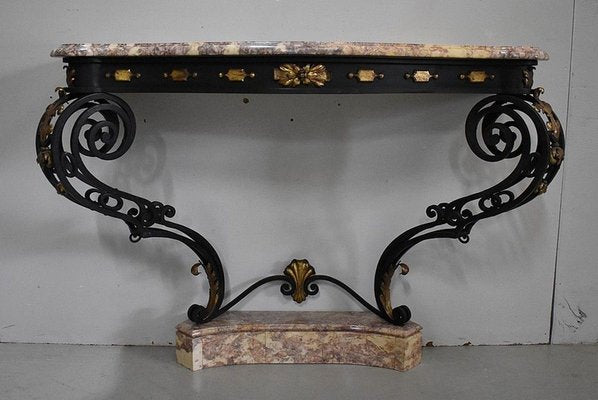 Wrought Iron & Marble Console Table, 1940s-RVK-886188