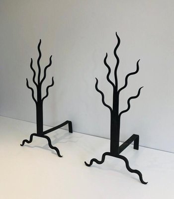 Wrought Iron Shrubs Andirons, France, 1970s, Set of 2-BA-874691